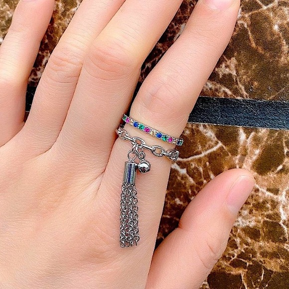 Tassel Ball Drop Sterling Silver Double Stack Ring - Picture 2 of 2